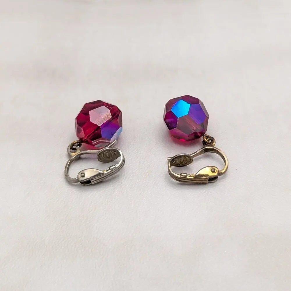 Vintage Clip On Earrings Red Faceted Dangle with Iridescent Finish